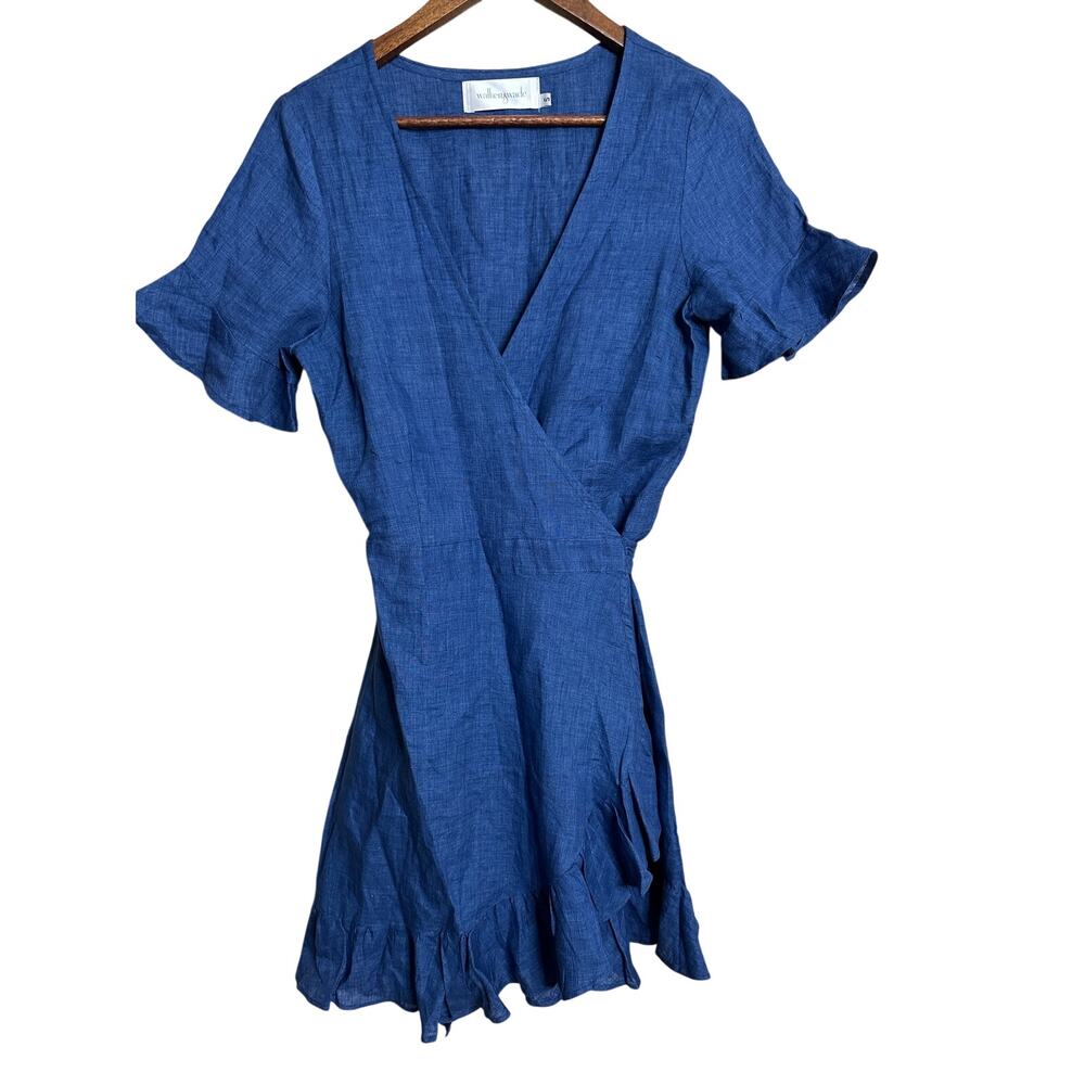 Walker & Wade 100% Linen Wrap Dress Blue Ruffle Hem Flutter Sleeve size S NWOT